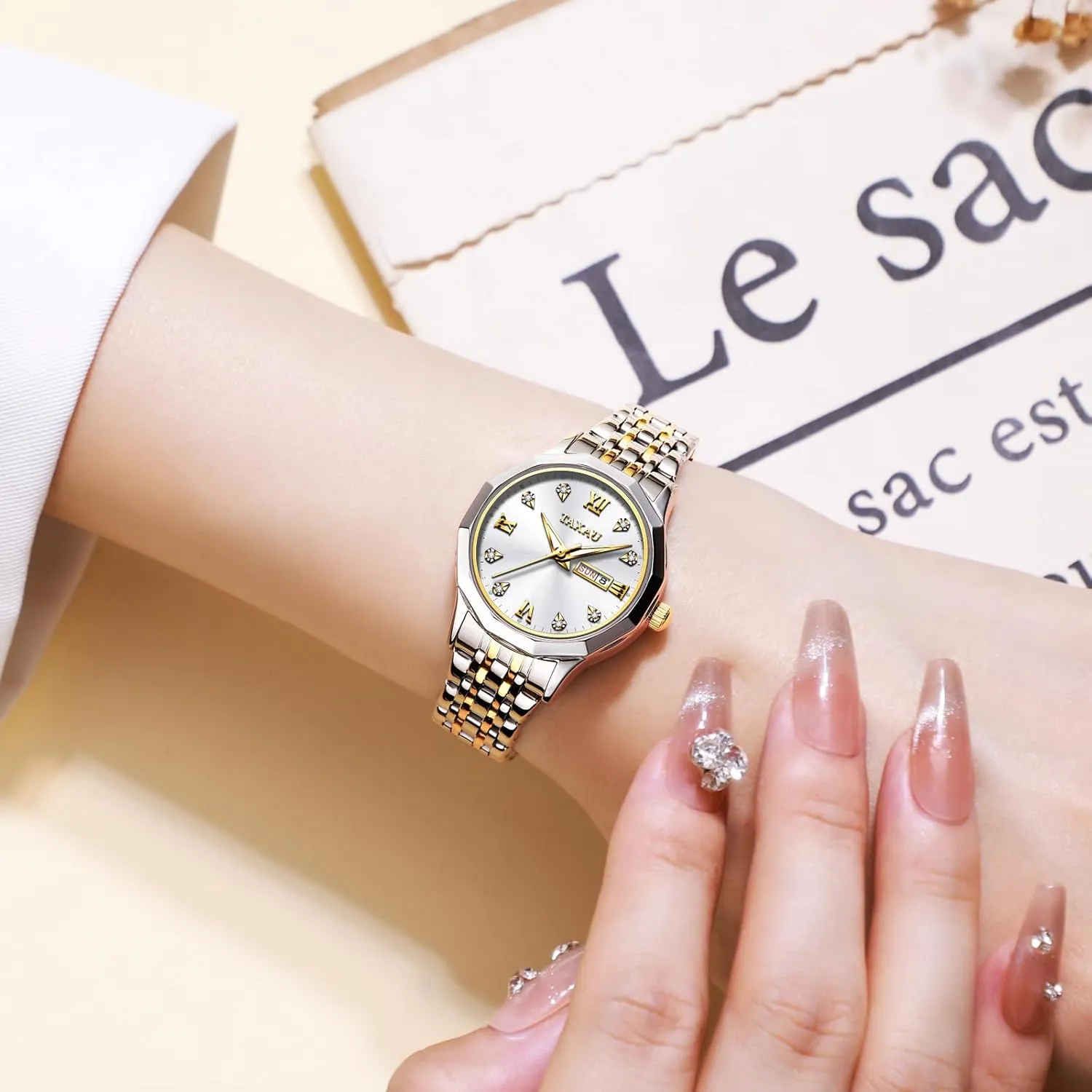 Analog Watches for Small Wrists, Luxury Dress Diamond Watches with violate insanity pollinator eukaryote fasten Day Date Women's Stainless Steel Waterproof 