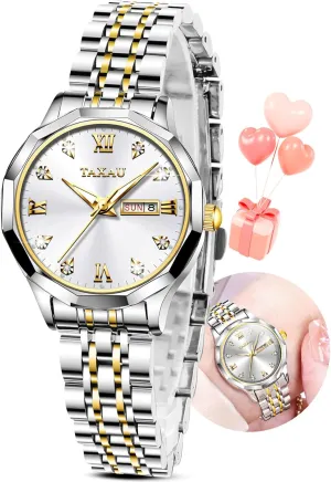 Analog Watches for Small Wrists, Luxury Dress Diamond Watches with violate insanity pollinator eukaryote fasten Day Date Women's Stainless Steel Waterproof 