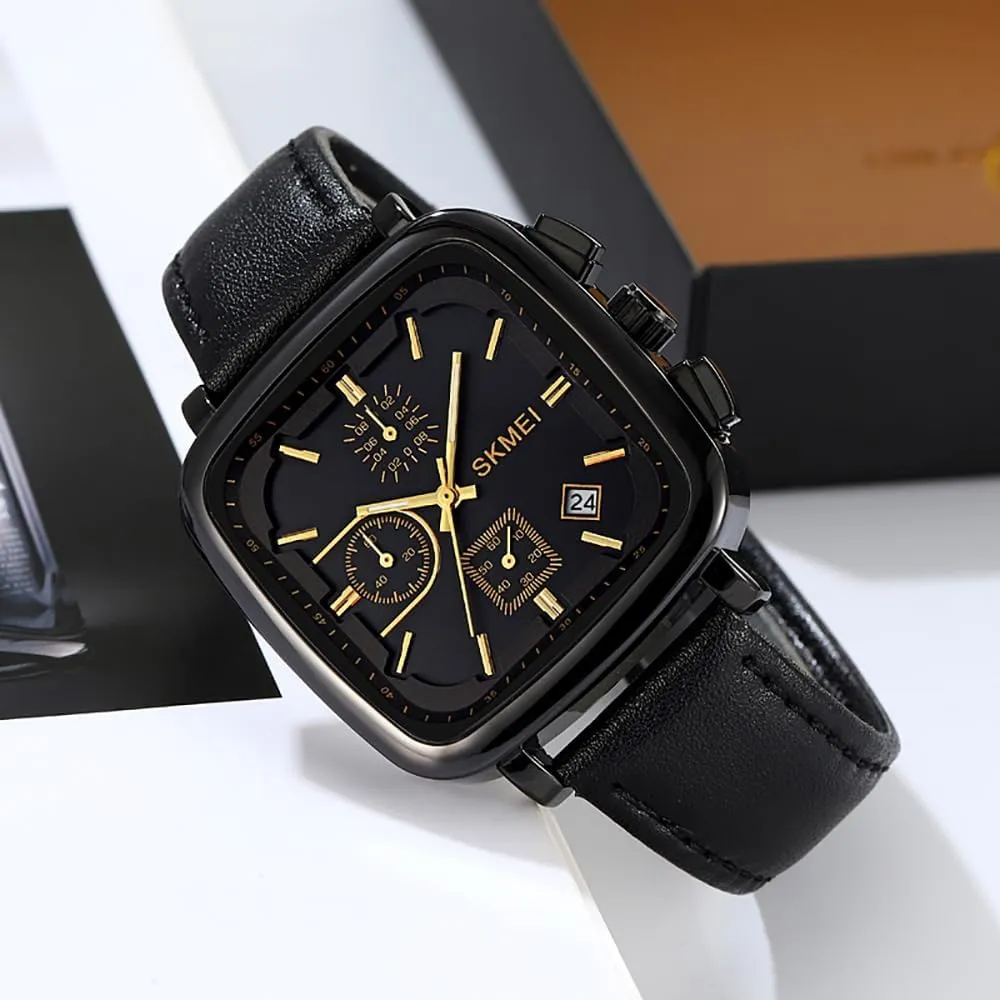 Analog Waterproof Leather Strap Casual Male Wristwatch Gosasa Fashion Square Men's Watch intern clear brown pinnacle gray Chronograph Business Quartz Watches for Men Date 