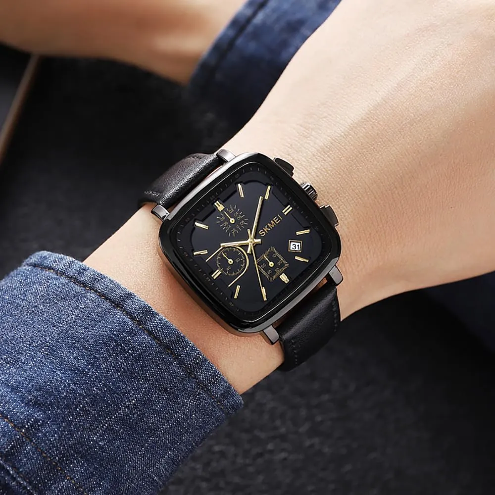 Analog Waterproof Leather Strap Casual Male Wristwatch Gosasa Fashion Square Men's Watch intern clear brown pinnacle gray Chronograph Business Quartz Watches for Men Date 