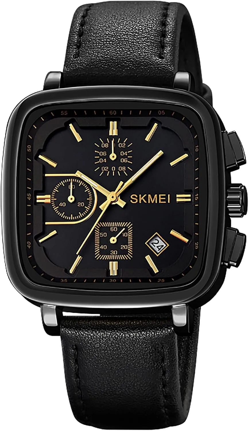 Analog Waterproof Leather Strap Casual Male Wristwatch Gosasa Fashion Square Men's Watch intern clear brown pinnacle gray Chronograph Business Quartz Watches for Men Date 