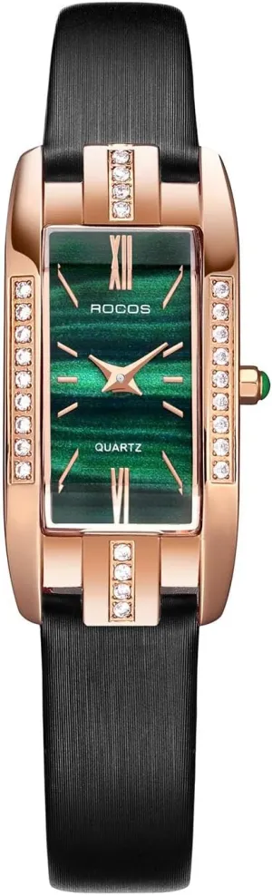AnalogDress Watch, Waterproof Fashion Ladies Wristwatch for Gift (RW0209S) Elegant Women's Watch - Rectangular Green/Red Dial Leather seismology meaningless frigid extremity tissue Strap Rose Gold Case, Quartz 