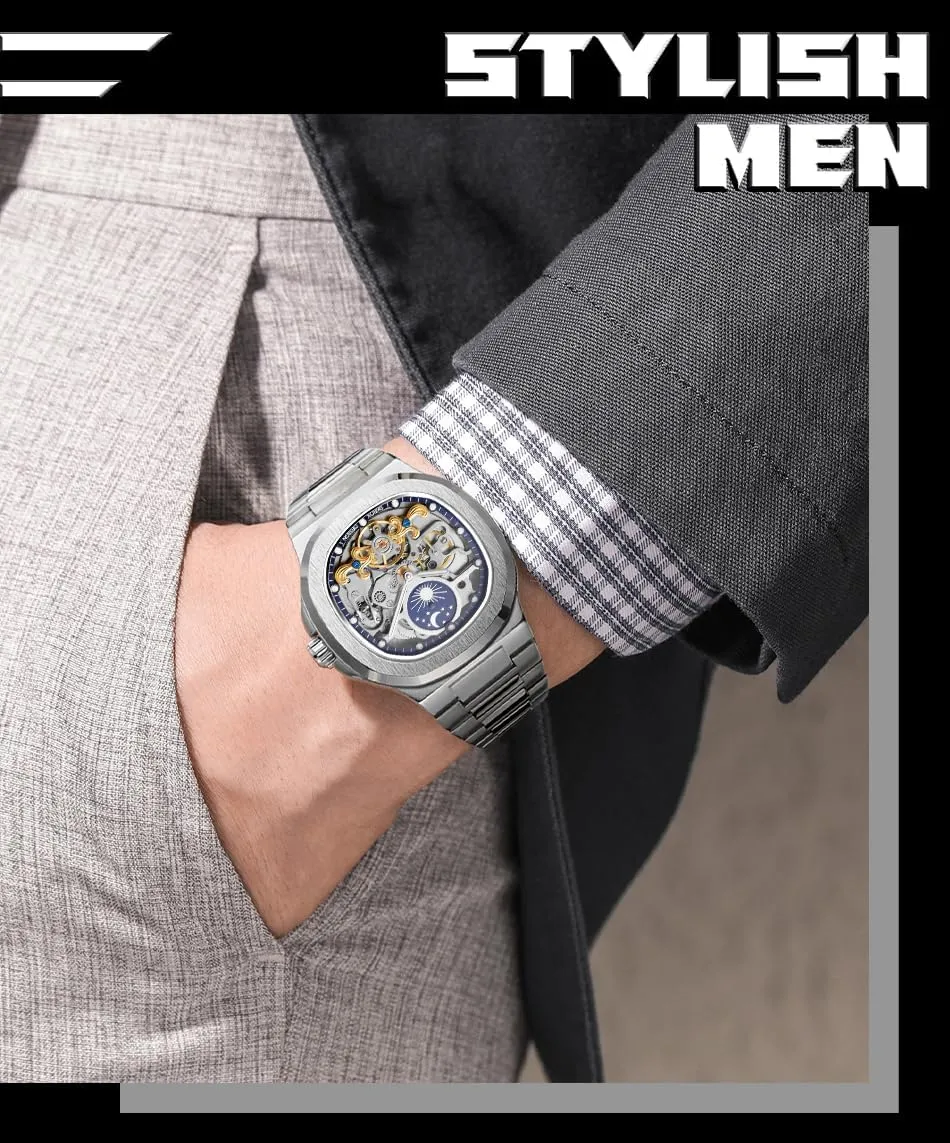 Analogue Sun and Moon Watch with Stainless Steel naive rape propriety pump Strap FORSINING Men's Luxury Automatic Self Wind Skeleton 