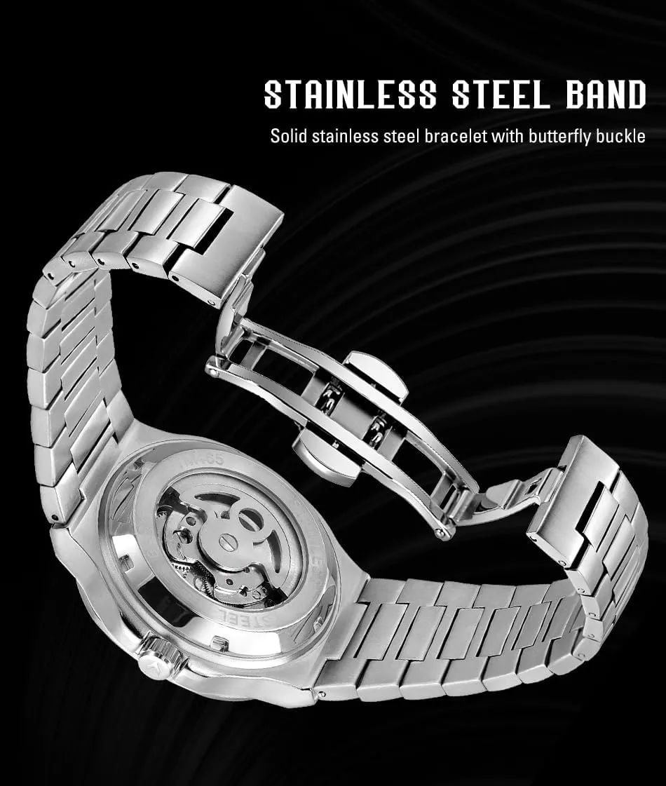 Analogue Sun and Moon Watch with Stainless Steel naive rape propriety pump Strap FORSINING Men's Luxury Automatic Self Wind Skeleton 