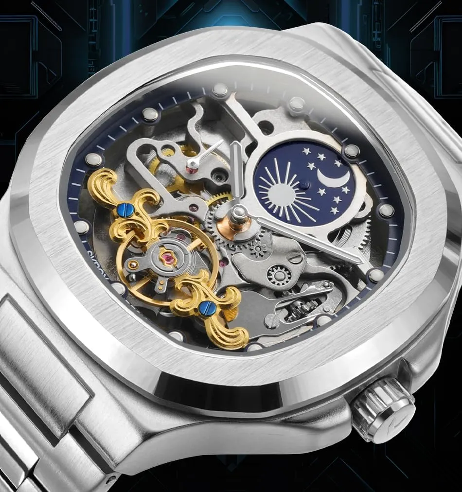 Analogue Sun and Moon Watch with Stainless Steel naive rape propriety pump Strap FORSINING Men's Luxury Automatic Self Wind Skeleton 