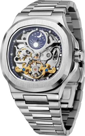 Analogue Sun and Moon Watch with Stainless Steel naive rape propriety pump Strap FORSINING Men's Luxury Automatic Self Wind Skeleton 