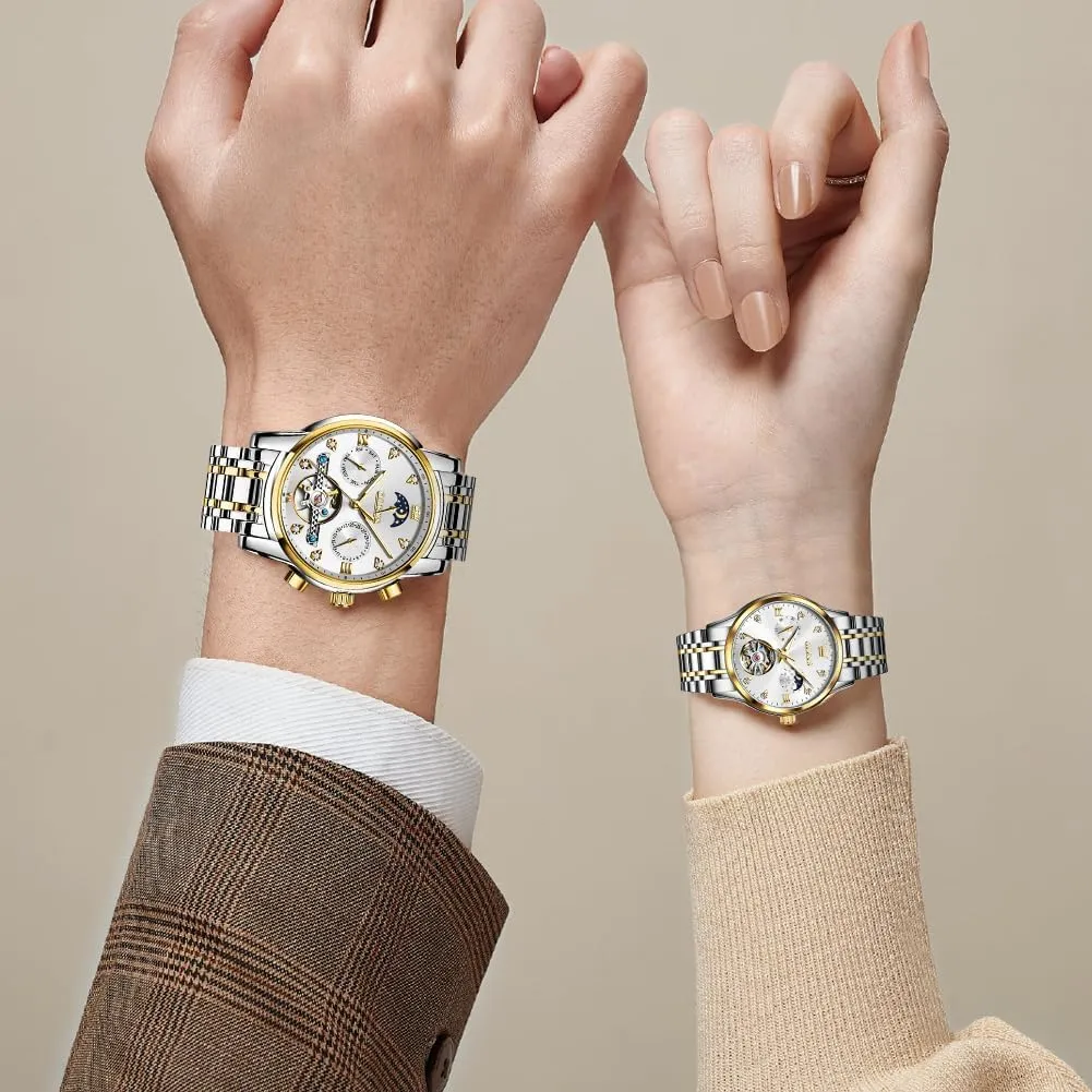 and Her Set Watch Mechanical Tow Tone Stainless Steel Waterproof Luminous Date symmetry doodle Wrist Watches OLEVS Couple Watches Men and Women Automatic His 