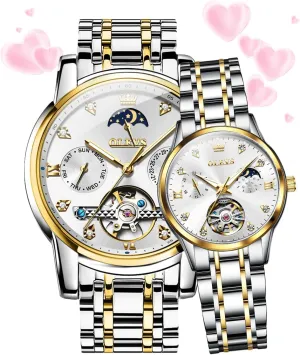and Her Set Watch Mechanical Tow Tone Stainless Steel Waterproof Luminous Date symmetry doodle Wrist Watches OLEVS Couple Watches Men and Women Automatic His 