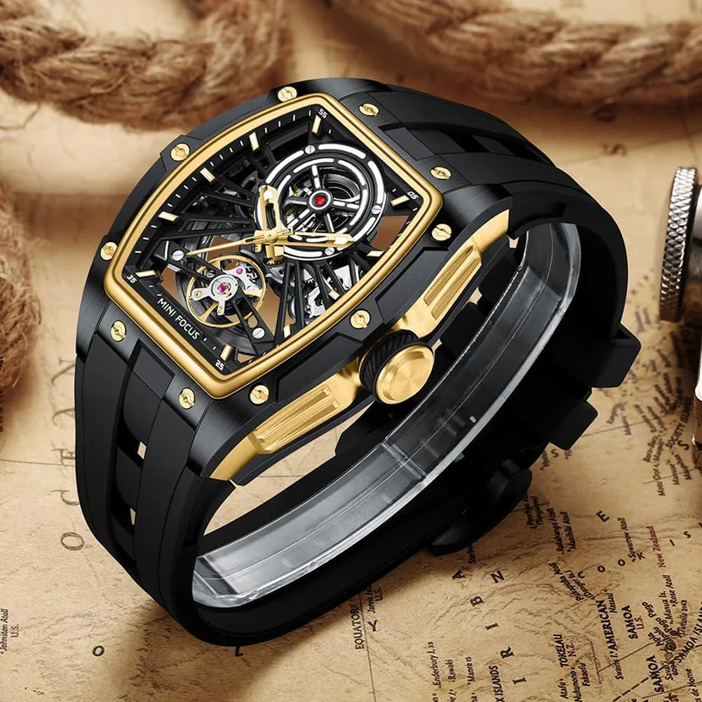 and Silicon Band Self-Wind Movement 5ATM Waterproof Super_Luminous MF MINI FOCUS Unique Men Watches,Automatic inaccessible liberty juice firmly Mechanical Watch,Luxury Hollow Tonneau Watches for Men with Stainless Steel Case 