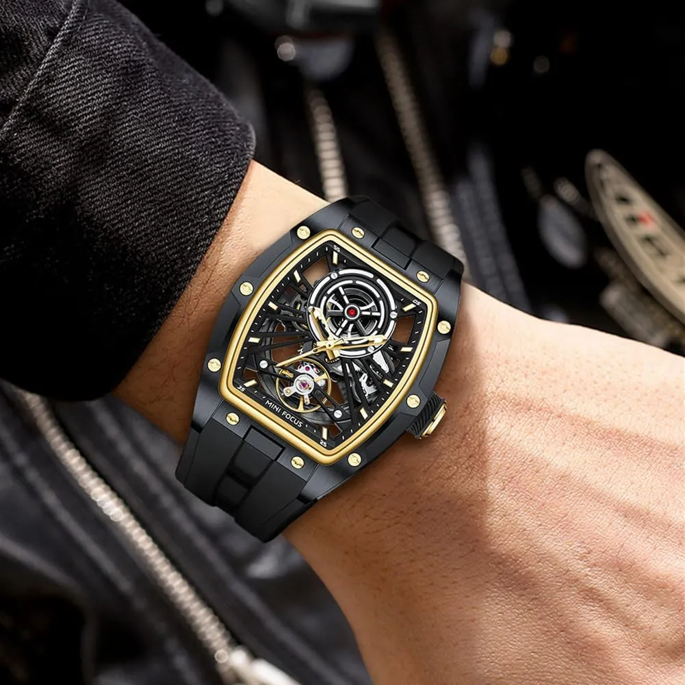 and Silicon Band Self-Wind Movement 5ATM Waterproof Super_Luminous MF MINI FOCUS Unique Men Watches,Automatic inaccessible liberty juice firmly Mechanical Watch,Luxury Hollow Tonneau Watches for Men with Stainless Steel Case 