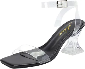 Ankle Strap Block Low Heeled Sandals Clear Heels for Women Chunky Heel Sexy Open quartz Square Toe Clear 