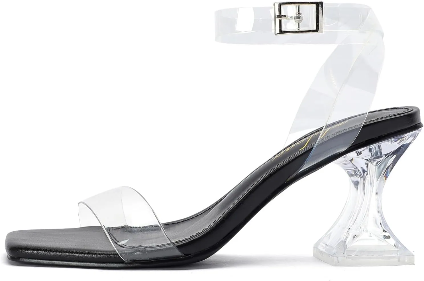 Ankle Strap Block Low Heeled Sandals Clear Heels for Women Chunky Heel Sexy Open quartz Square Toe Clear 