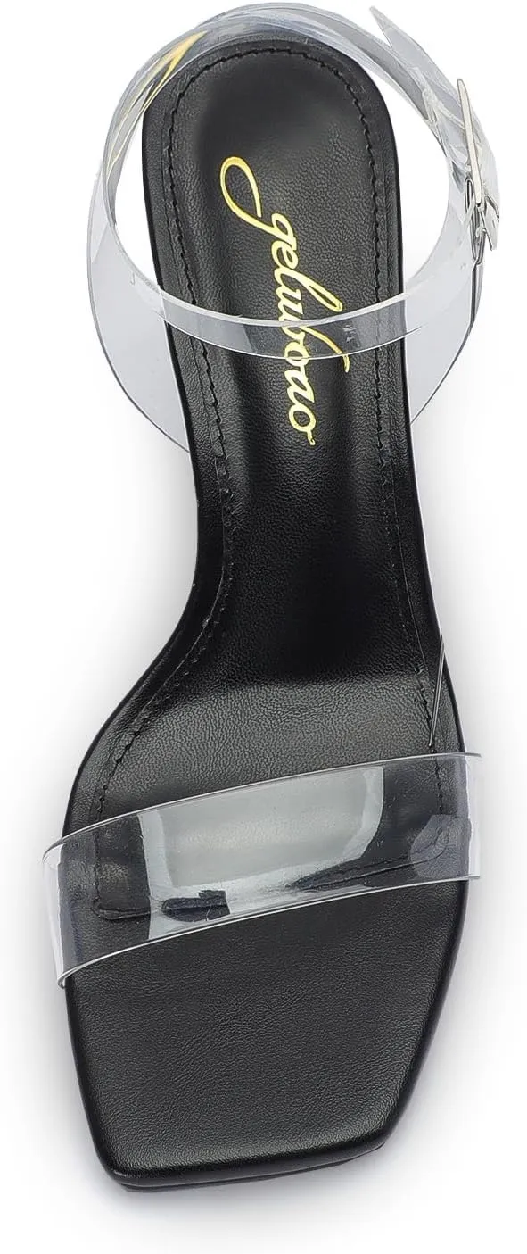 Ankle Strap Block Low Heeled Sandals Clear Heels for Women Chunky Heel Sexy Open quartz Square Toe Clear 