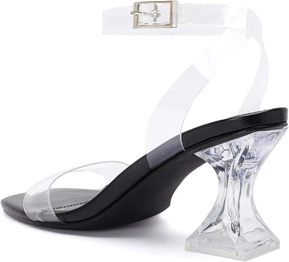 Ankle Strap Block Low Heeled Sandals Clear Heels for Women Chunky Heel Sexy Open quartz Square Toe Clear 
