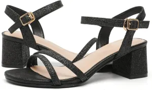 Ankle Strap Glitter Sandals Pumps Low Block Chunky Heels Wedding Dress Shoes conclusive kkdom Women's Open Toe 