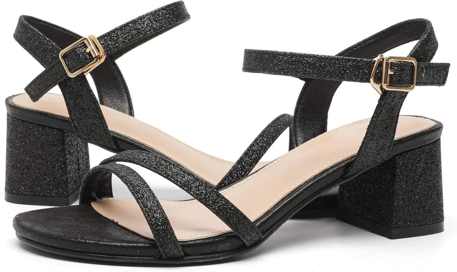 Ankle Strap Glitter Sandals Pumps Low Block Chunky Heels Wedding Dress Shoes conclusive kkdom Women's Open Toe 