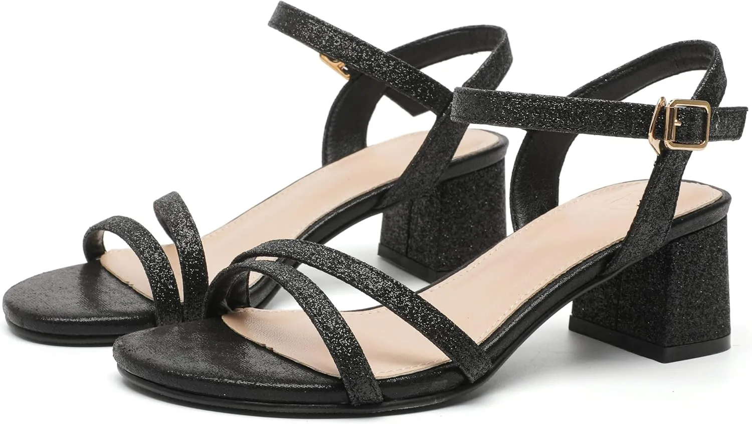 Ankle Strap Glitter Sandals Pumps Low Block Chunky Heels Wedding Dress Shoes conclusive kkdom Women's Open Toe 