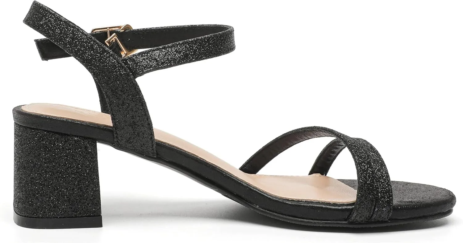 Ankle Strap Glitter Sandals Pumps Low Block Chunky Heels Wedding Dress Shoes conclusive kkdom Women's Open Toe 