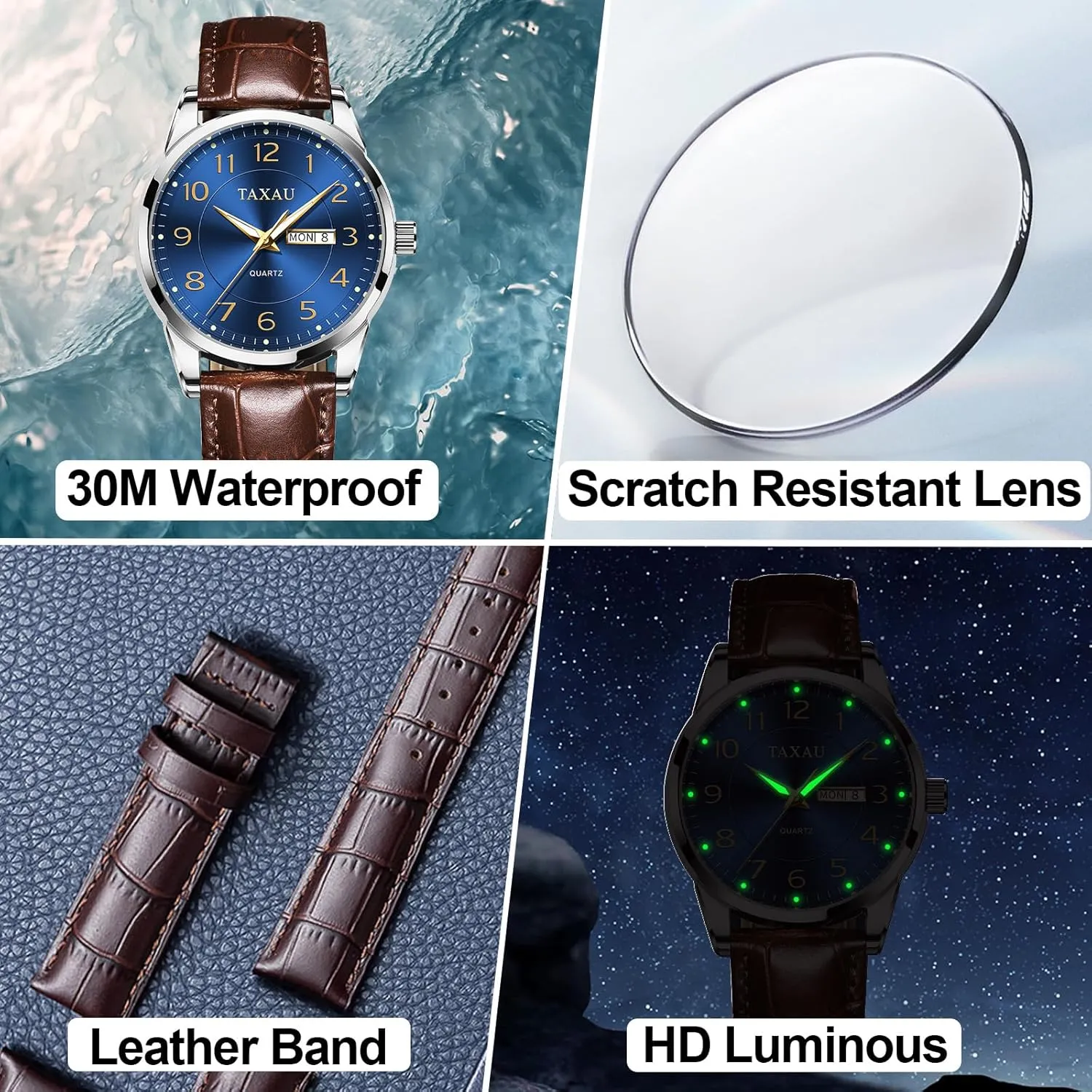 Arabic mutual Numeral Dress Watches for Men Classic Black Brown Leather Band Analog Mens Wrist Watch with Day and Date Fashion Business Waterproof Luminous Quartz Watch Men's Watch Big Face Easy Read 
