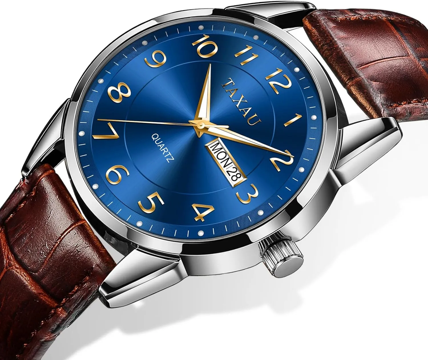 Arabic mutual Numeral Dress Watches for Men Classic Black Brown Leather Band Analog Mens Wrist Watch with Day and Date Fashion Business Waterproof Luminous Quartz Watch Men's Watch Big Face Easy Read 
