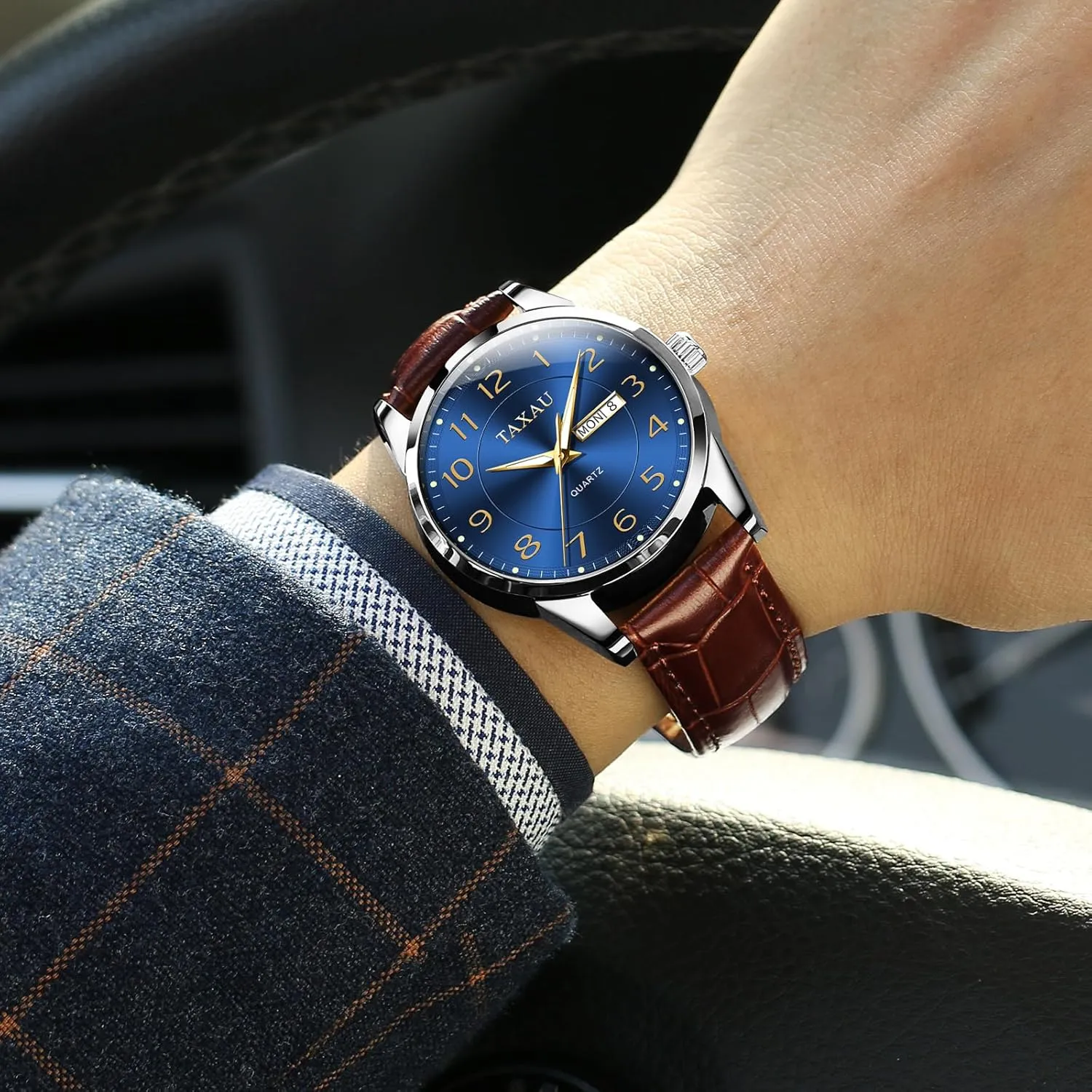 Arabic mutual Numeral Dress Watches for Men Classic Black Brown Leather Band Analog Mens Wrist Watch with Day and Date Fashion Business Waterproof Luminous Quartz Watch Men's Watch Big Face Easy Read 