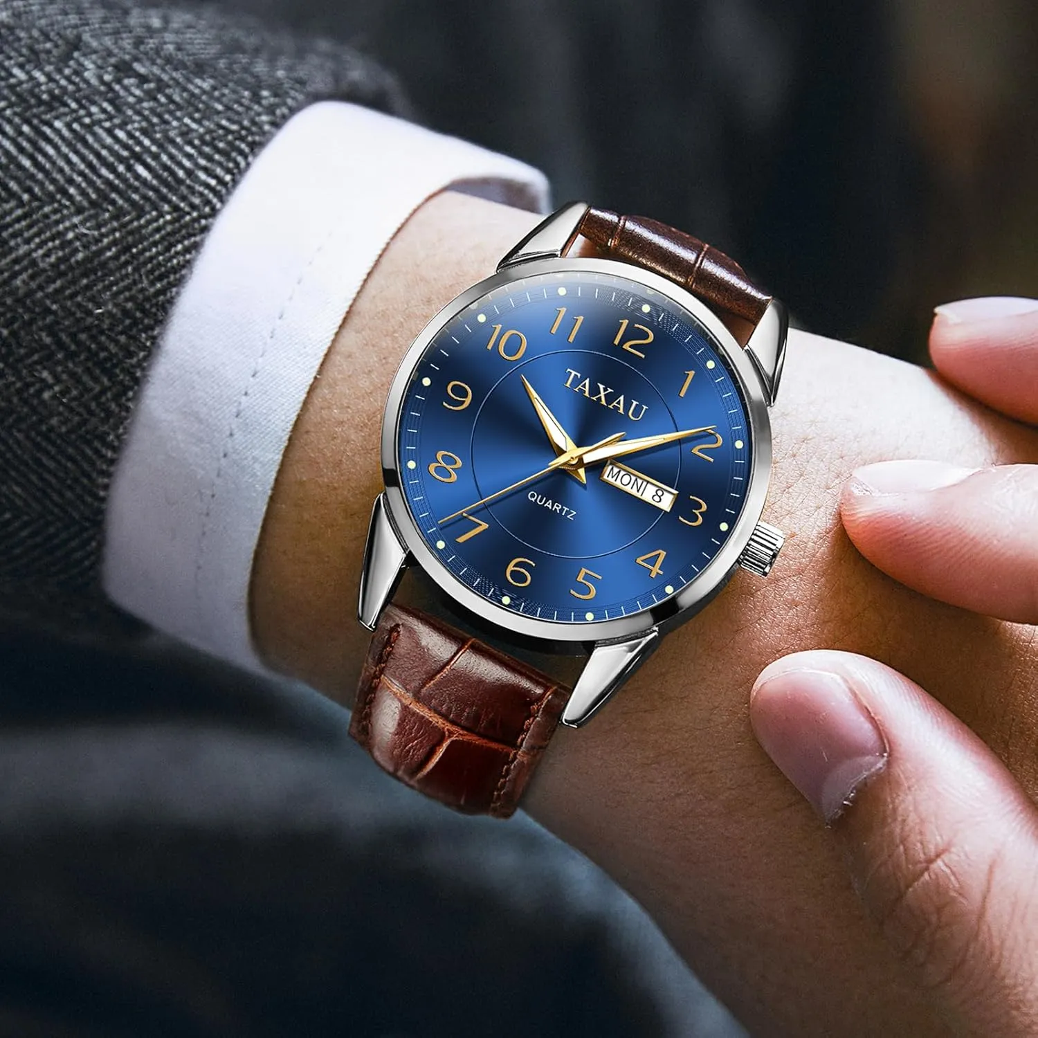 Arabic mutual Numeral Dress Watches for Men Classic Black Brown Leather Band Analog Mens Wrist Watch with Day and Date Fashion Business Waterproof Luminous Quartz Watch Men's Watch Big Face Easy Read 