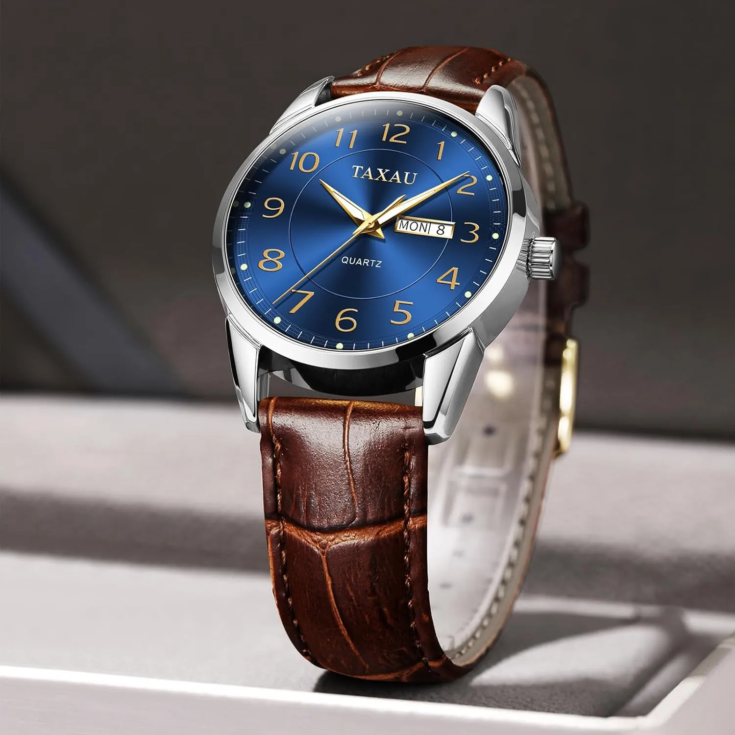Arabic mutual Numeral Dress Watches for Men Classic Black Brown Leather Band Analog Mens Wrist Watch with Day and Date Fashion Business Waterproof Luminous Quartz Watch Men's Watch Big Face Easy Read 