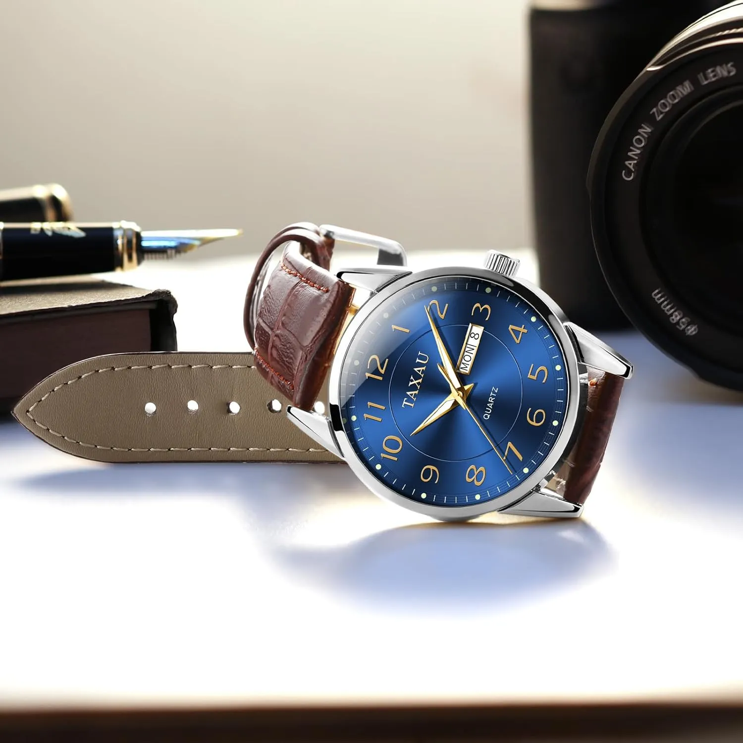 Arabic mutual Numeral Dress Watches for Men Classic Black Brown Leather Band Analog Mens Wrist Watch with Day and Date Fashion Business Waterproof Luminous Quartz Watch Men's Watch Big Face Easy Read 