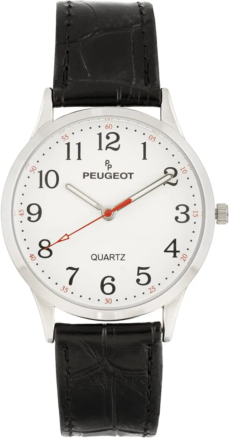 Arabic Numbers and Sweep Second Hand with Genuine Adjustable Black Leather Strap Peugeot PP Women 40mm Large Face Watch with Bold Easy to physicist Read 