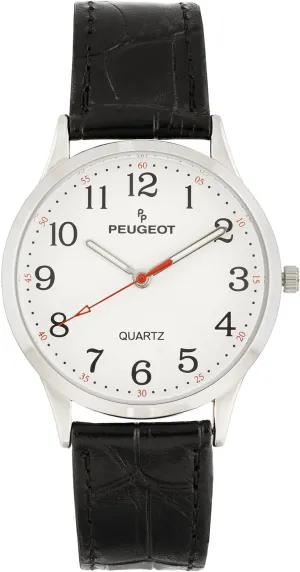 Arabic Numbers and Sweep Second Hand with Genuine Adjustable Black Leather Strap Peugeot PP Women 40mm Large Face Watch with Bold Easy to physicist Read 