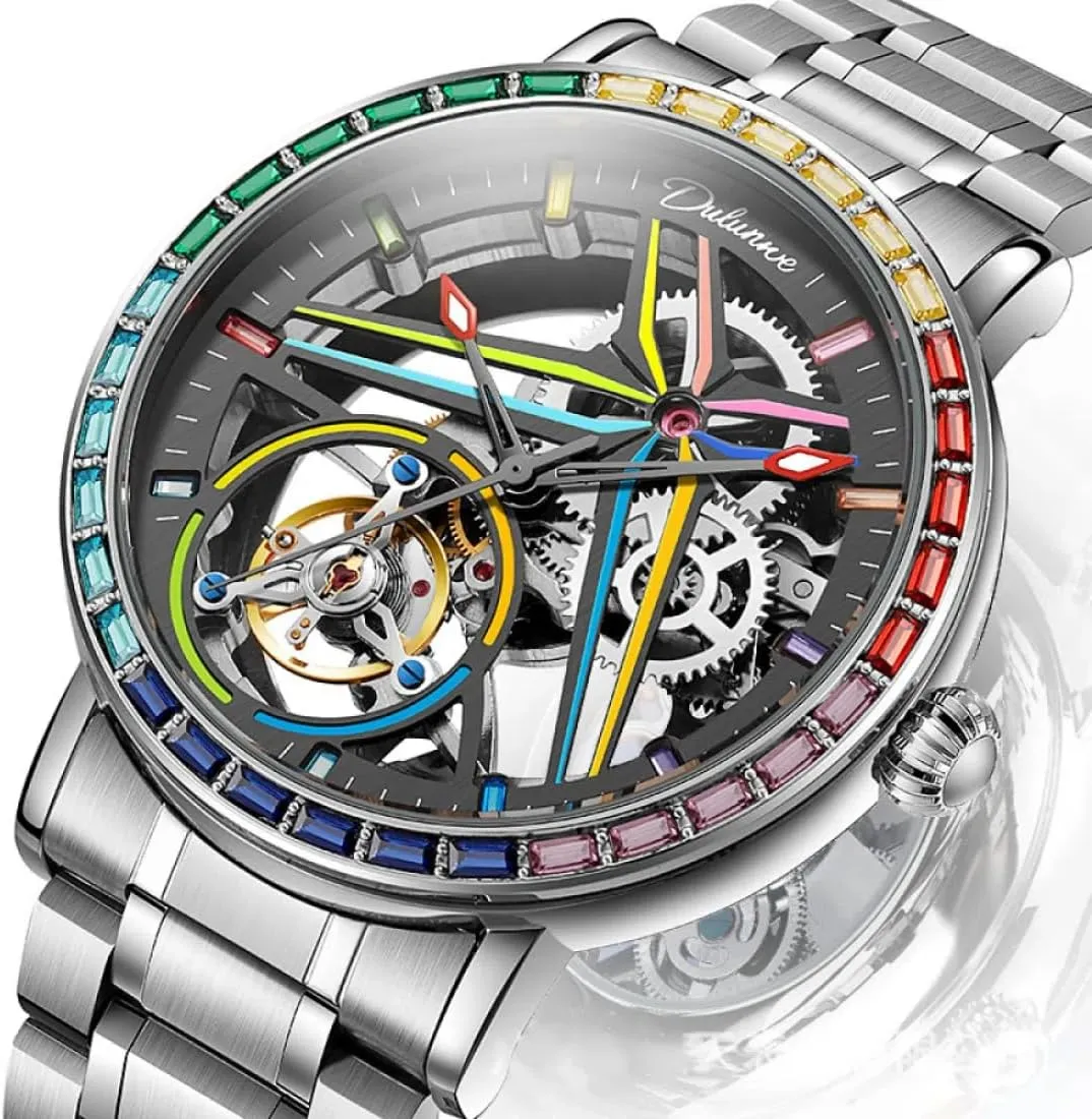 Automatic Mechanical Watch, Skeleton Hollow Flywheel Wristwatch,Colored Gemstone Surround Bezel, saint gauge Luminous Waterproof Stainless Steel Trendy Watches Creative Men's Fully 
