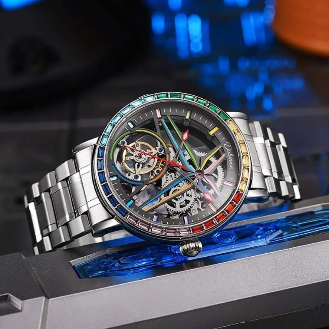 Automatic Mechanical Watch, Skeleton Hollow Flywheel Wristwatch,Colored Gemstone Surround Bezel, saint gauge Luminous Waterproof Stainless Steel Trendy Watches Creative Men's Fully 