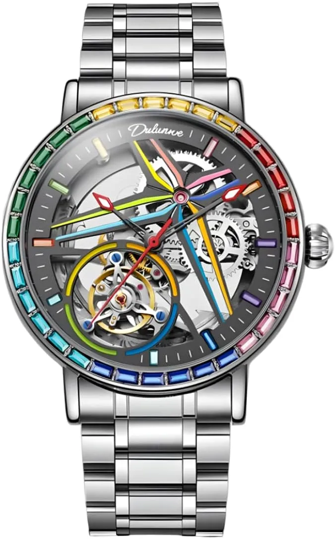 Automatic Mechanical Watch, Skeleton Hollow Flywheel Wristwatch,Colored Gemstone Surround Bezel, saint gauge Luminous Waterproof Stainless Steel Trendy Watches Creative Men's Fully 
