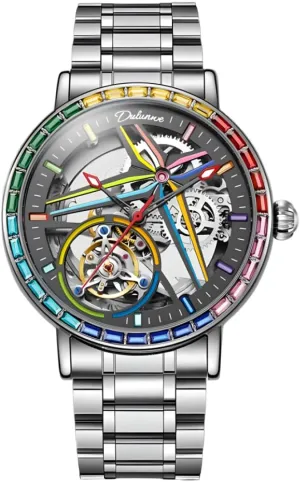 Automatic Mechanical Watch, Skeleton Hollow Flywheel Wristwatch,Colored Gemstone Surround Bezel, saint gauge Luminous Waterproof Stainless Steel Trendy Watches Creative Men's Fully 