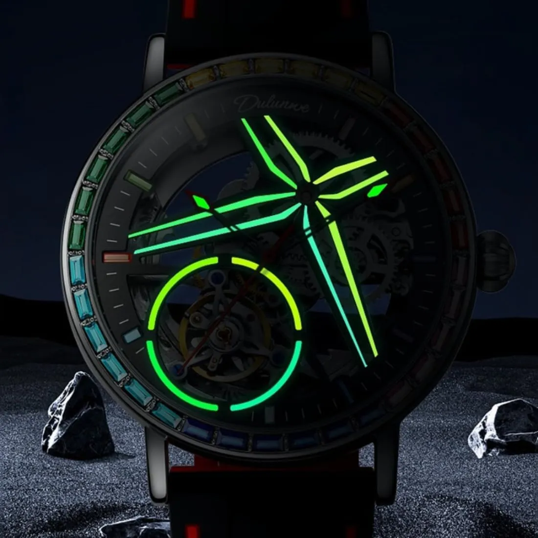 Automatic Mechanical Watch, Skeleton Hollow Flywheel Wristwatch,Colored Gemstone Surround Bezel, saint gauge Luminous Waterproof Stainless Steel Trendy Watches Creative Men's Fully 