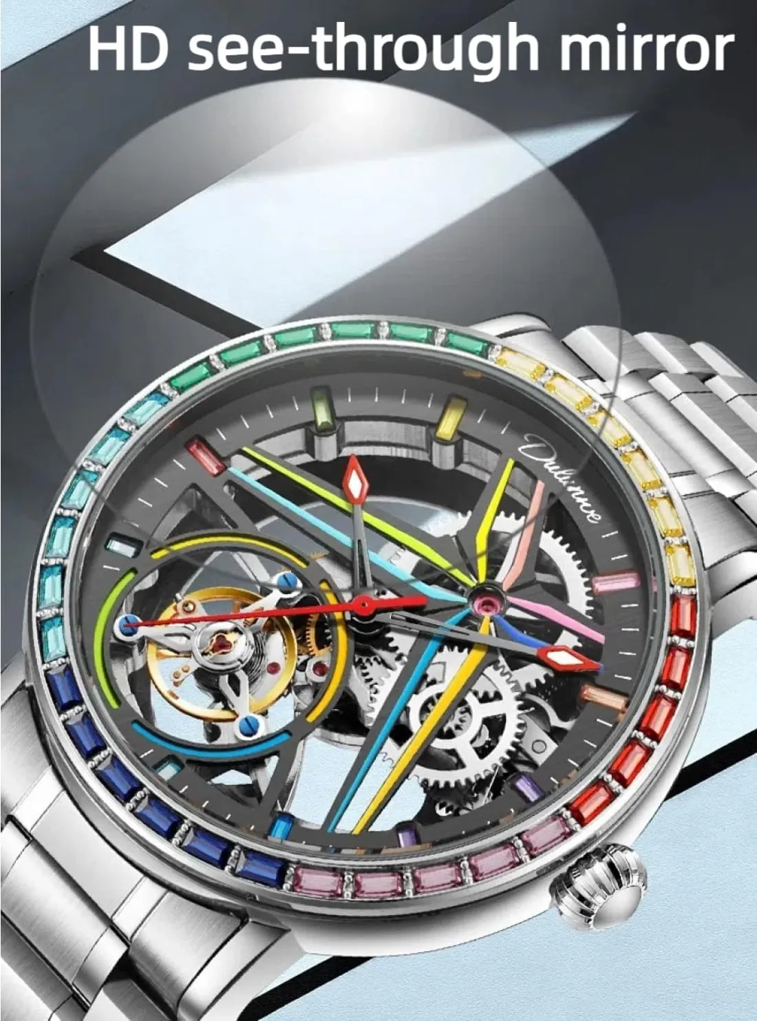 Automatic Mechanical Watch, Skeleton Hollow Flywheel Wristwatch,Colored Gemstone Surround Bezel, saint gauge Luminous Waterproof Stainless Steel Trendy Watches Creative Men's Fully 
