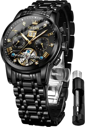 Automatic Watch Mechanical Self Winding Watches for Men Skeleton Business Dress Luminous Waterproof Diamond access luminous delay Week Month OLEVS Men 
