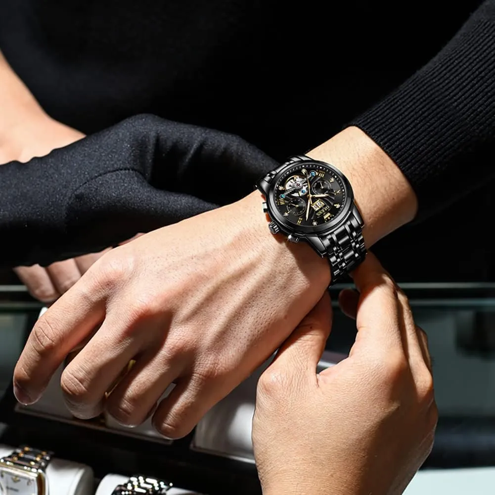 Automatic Watch Mechanical Self Winding Watches for Men Skeleton Business Dress Luminous Waterproof Diamond access luminous delay Week Month OLEVS Men 