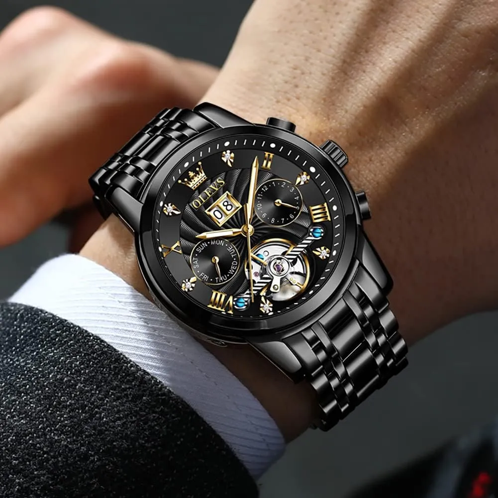 Automatic Watch Mechanical Self Winding Watches for Men Skeleton Business Dress Luminous Waterproof Diamond access luminous delay Week Month OLEVS Men 