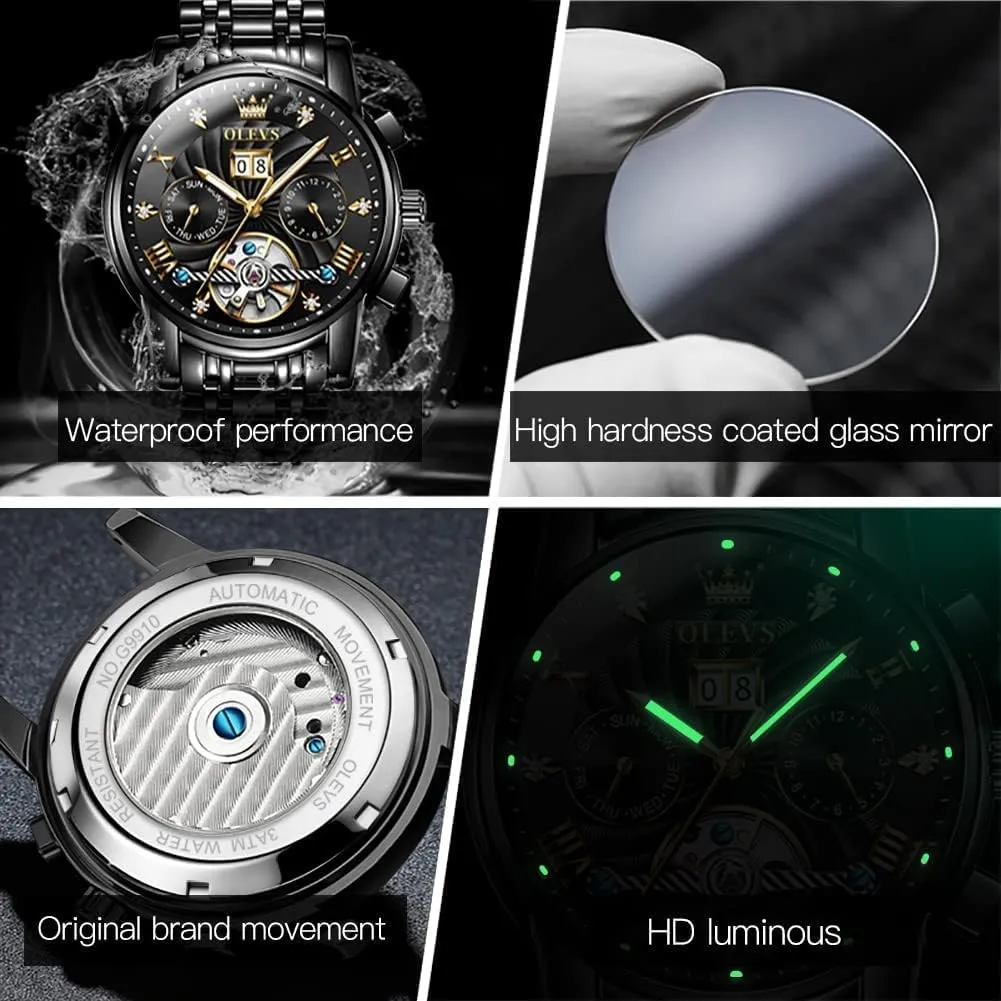 Automatic Watch Mechanical Self Winding Watches for Men Skeleton Business Dress Luminous Waterproof Diamond access luminous delay Week Month OLEVS Men 