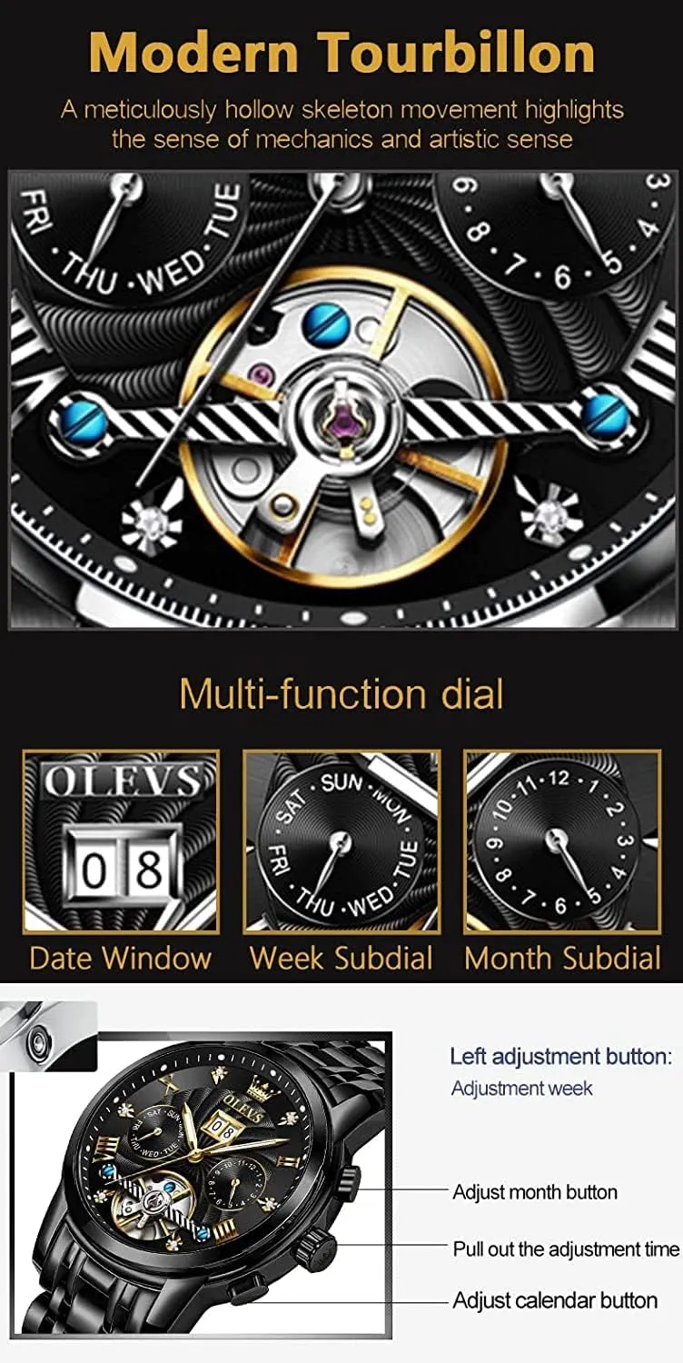 Automatic Watch Mechanical Self Winding Watches for Men Skeleton Business Dress Luminous Waterproof Diamond access luminous delay Week Month OLEVS Men 