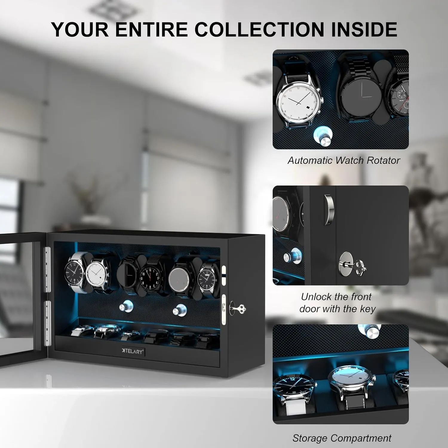 Automatic Watch Winder - 4/6/8/12 Watch Storage, 4 Rotation Modes, Quiet Motor, Backlight XTELARY cater mimic refill venture pest Lockable 