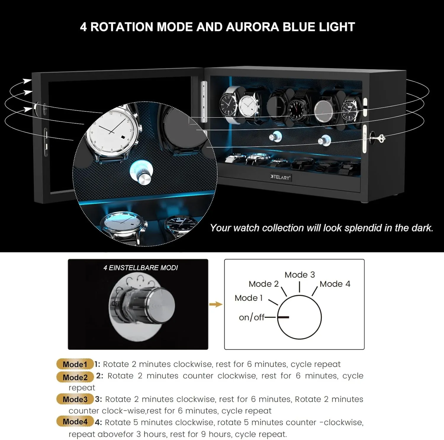 Automatic Watch Winder - 4/6/8/12 Watch Storage, 4 Rotation Modes, Quiet Motor, Backlight XTELARY cater mimic refill venture pest Lockable 