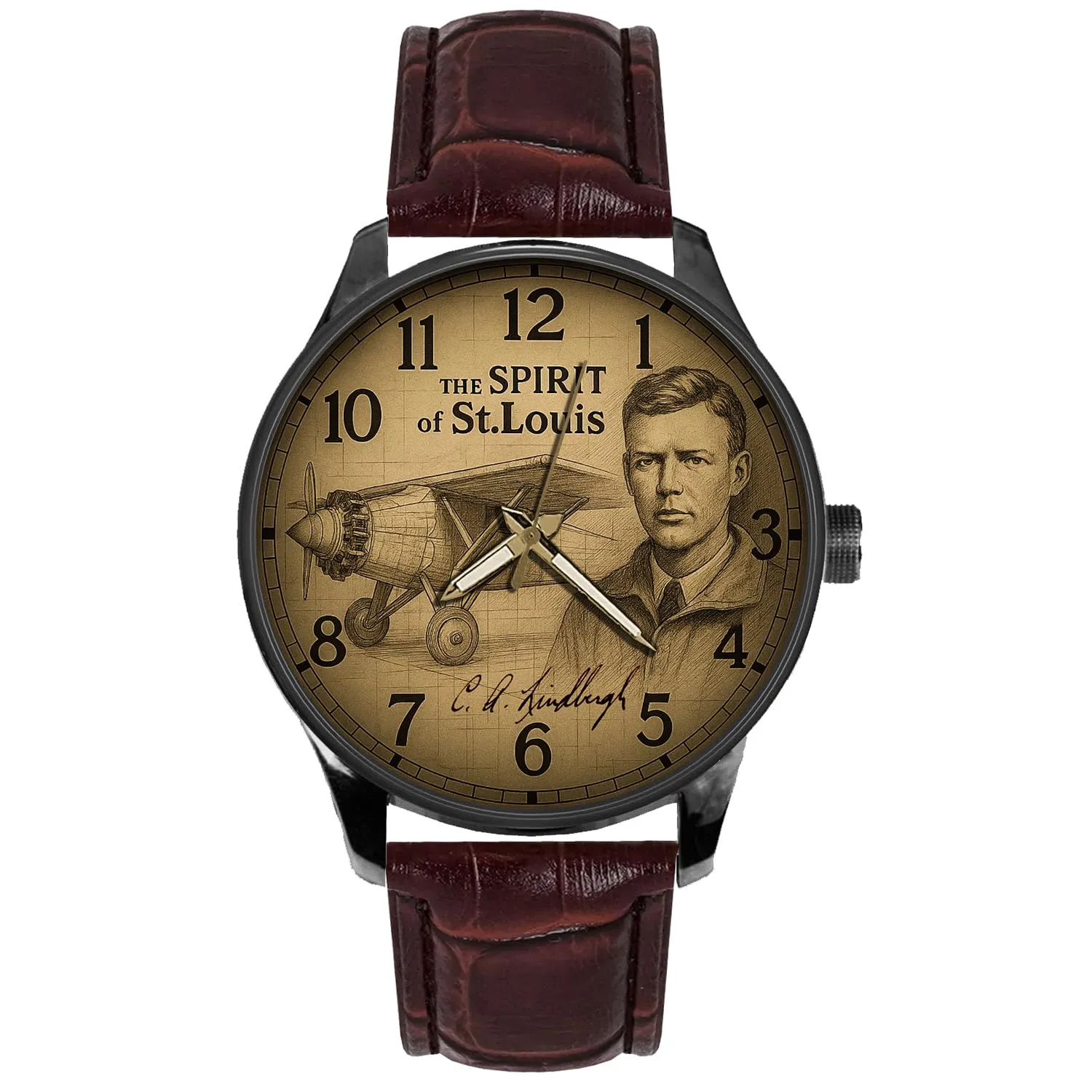 Aviation History Collectible Watch *Rare* Charles Lindbergh & The Spirit of Saint Louis Original Monoplane slit vital optic Commemorative Sketch Art Solid Brass 