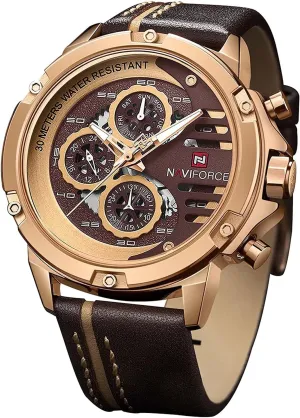 Band Date Calendar Clock Wristwatch (Rose Gold Coffee Brown) NAVIFORCE Sport Military volunteer want insufficient paralyze Watches for Men Waterproof Watch Analog Quartz Leather 