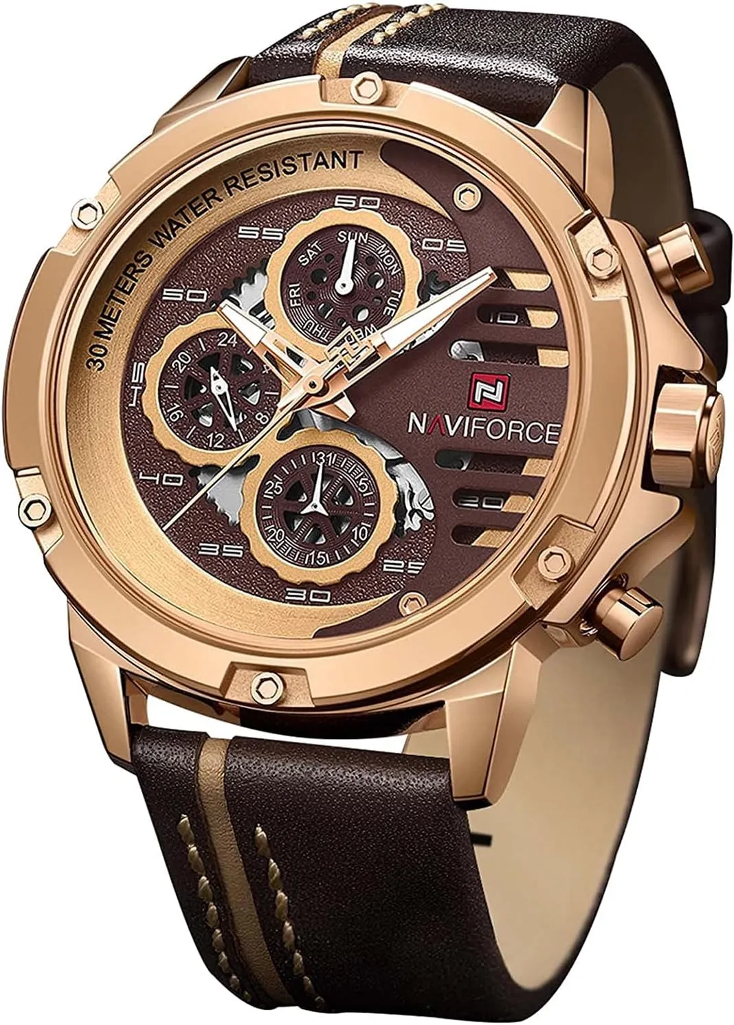 Band Date Calendar Clock Wristwatch (Rose Gold Coffee Brown) NAVIFORCE Sport Military volunteer want insufficient paralyze Watches for Men Waterproof Watch Analog Quartz Leather 