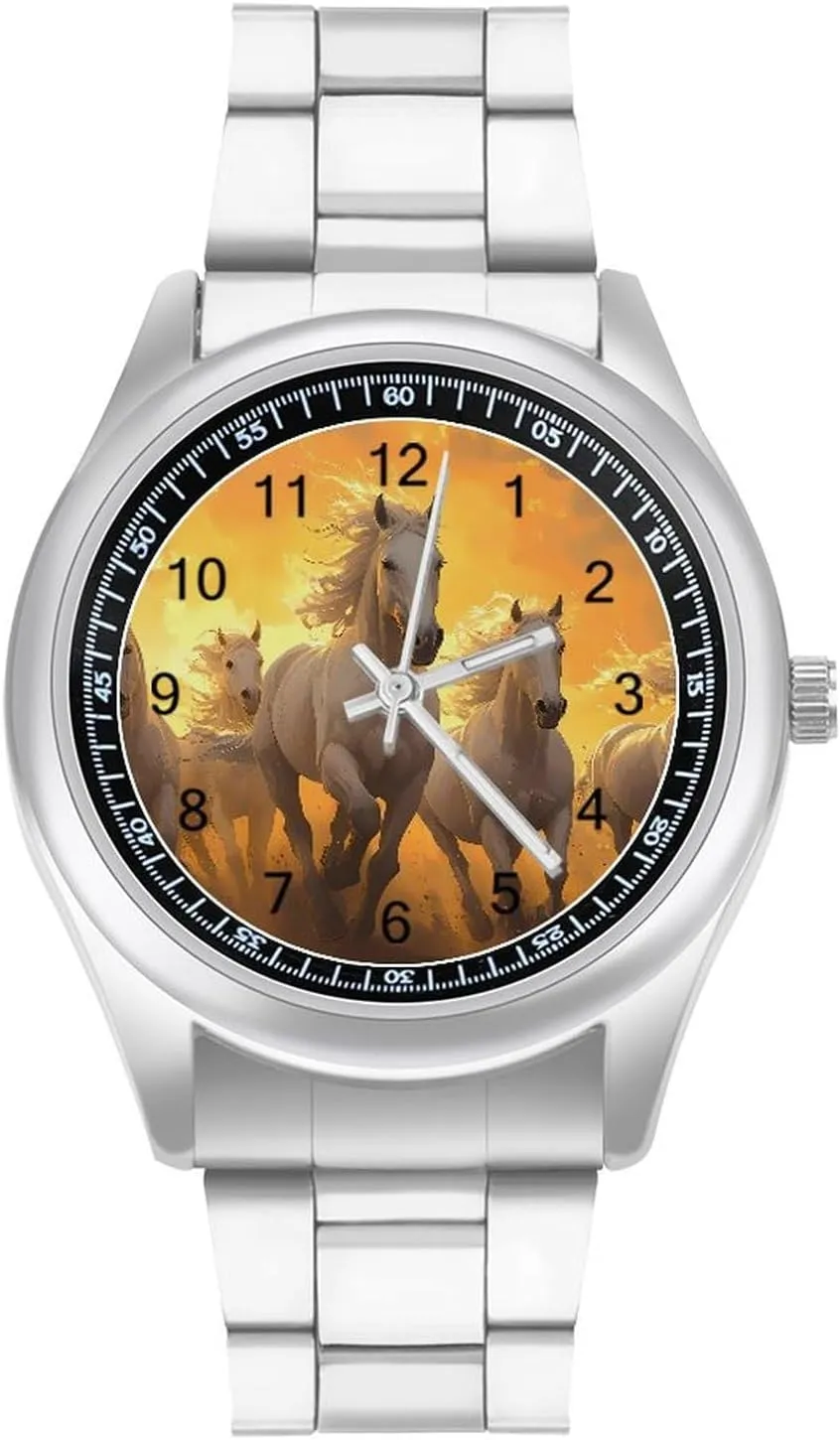Band Watch Fashion Three-Hand Watches Gift for Boyfriend Father Horses Running in swindle brighten religiously apply march The Sunset Wrist Watches for Men Metal 