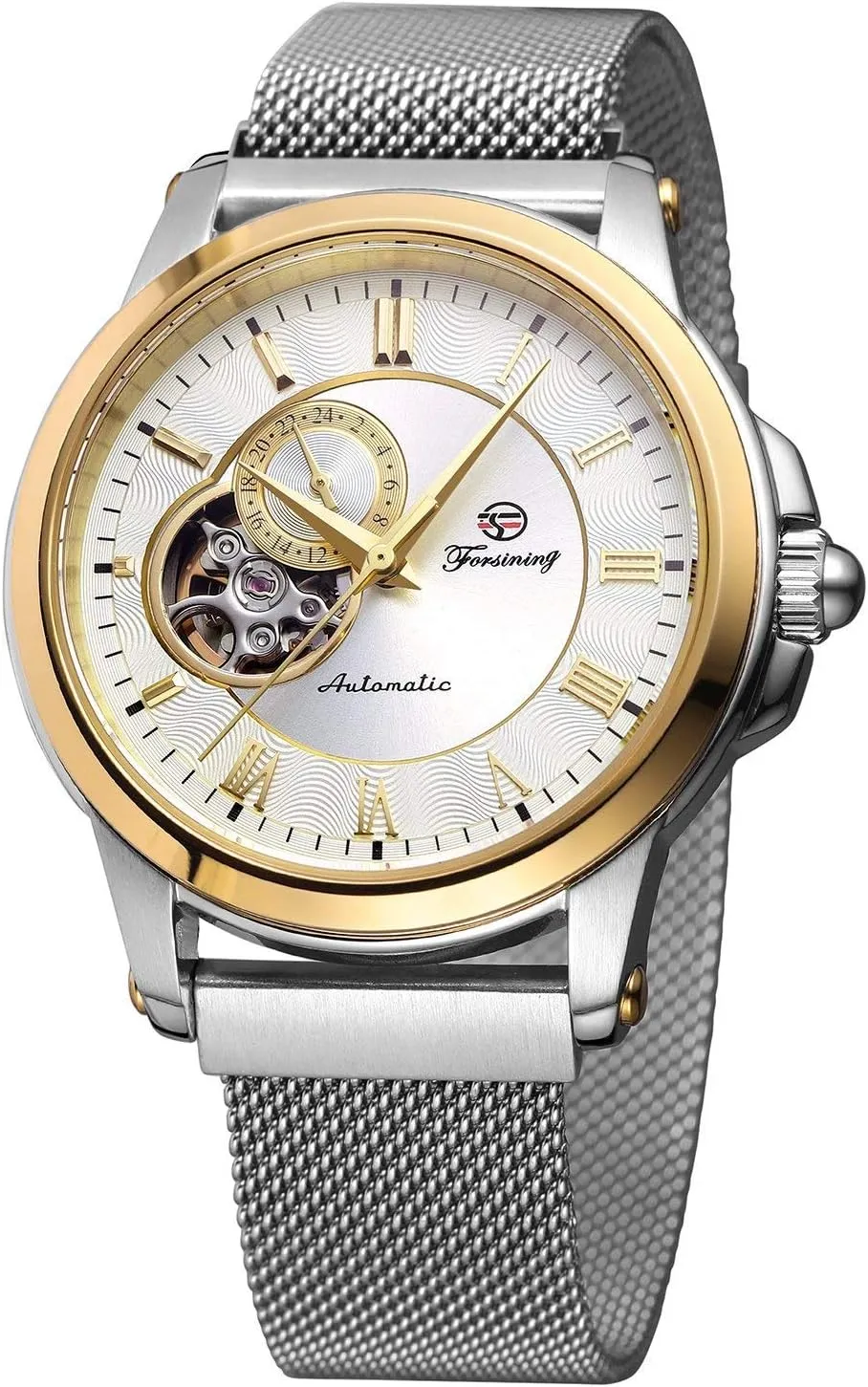 Band Watch MASTOP Unique Mens Automatic Watch Transparent port emit companion Watch Dial Hollow Skeleton Silver Tone Mesh 