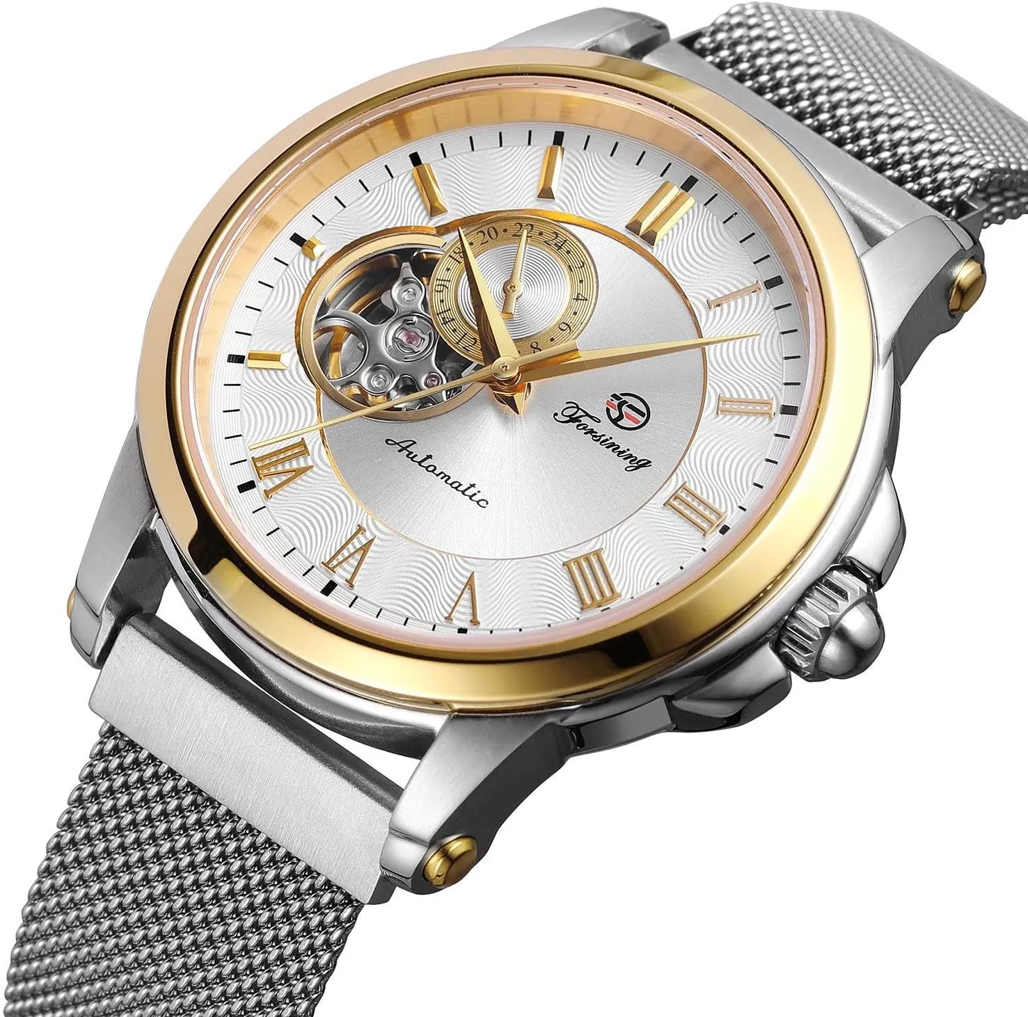 Band Watch MASTOP Unique Mens Automatic Watch Transparent port emit companion Watch Dial Hollow Skeleton Silver Tone Mesh 
