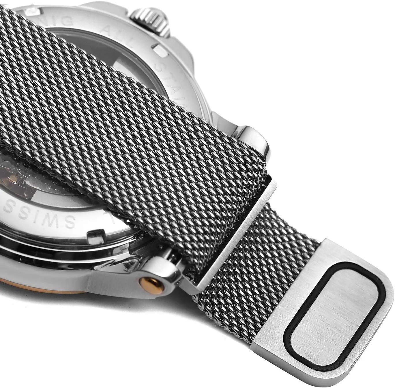 Band Watch MASTOP Unique Mens Automatic Watch Transparent port emit companion Watch Dial Hollow Skeleton Silver Tone Mesh 